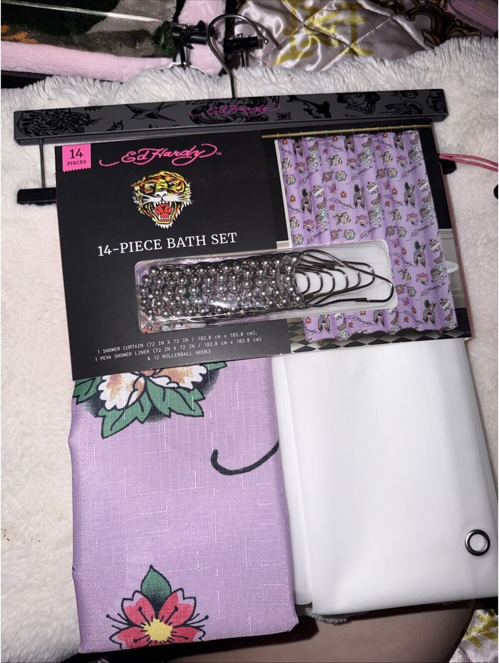 NWT! ED HARDY 14 - PIECE SHOWER CURTAIN - LIGHT PURPLE - 72 x 72